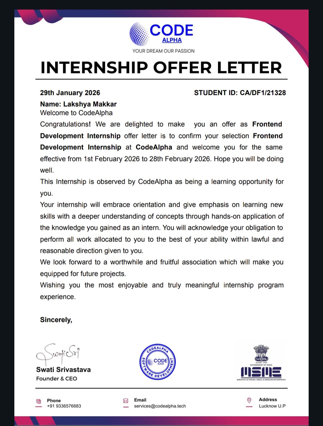 CodeAlpha internship offer letter